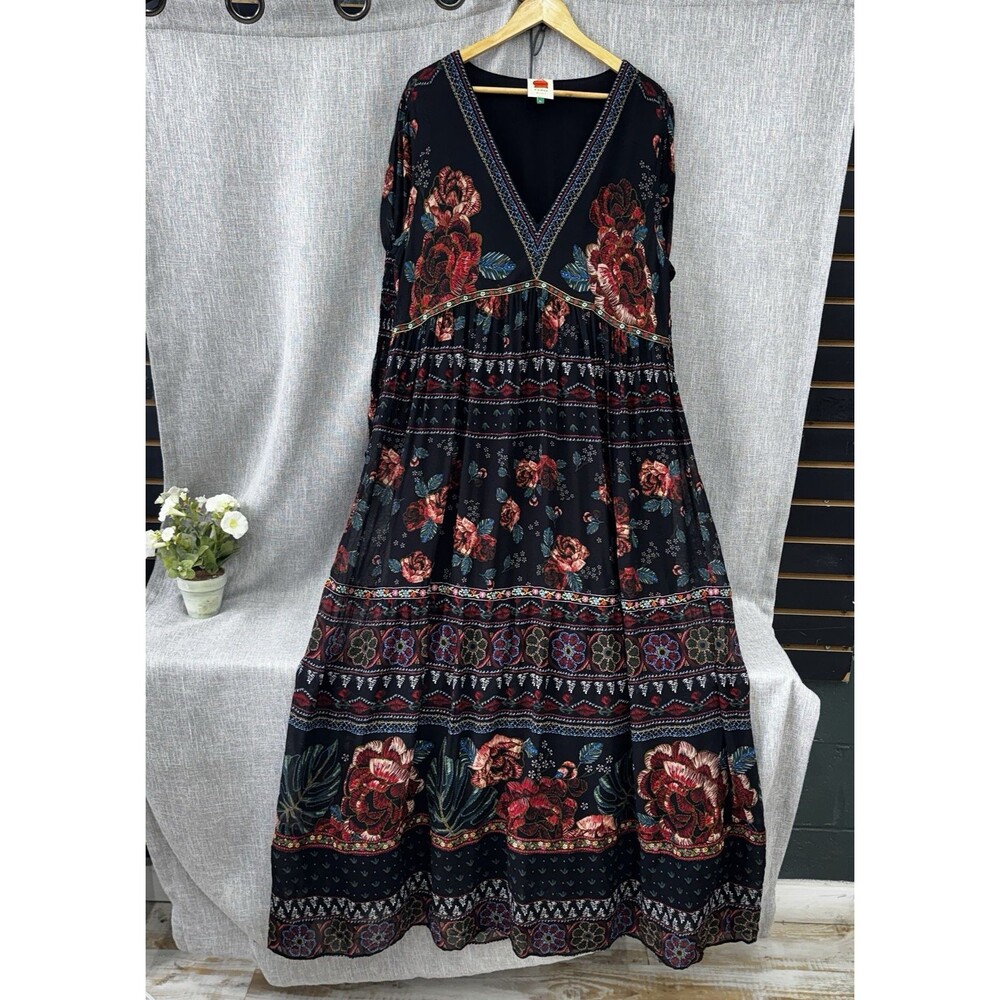 FARM Rio XL Black Floral Embroidered Print Deep V-Neck Smocked Boho Maxi Dress - Picture 3 of 11